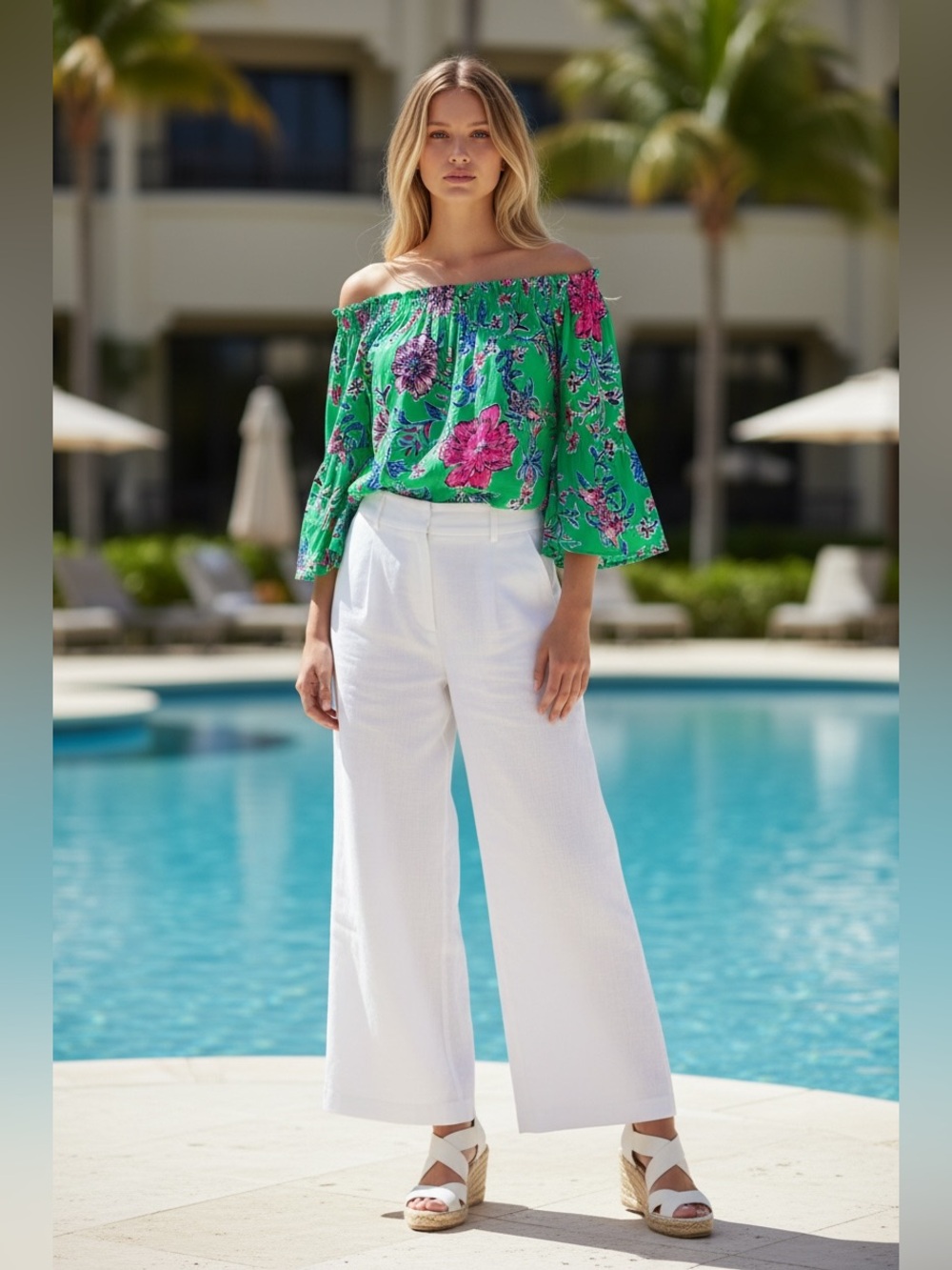 Lilly Pulitzer Green Off-Shoulder Floral Blouse